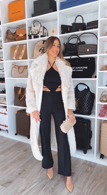 Gorgeous holidays & going out outfit ideas. 
.
This white fur trench coat is gorgeous!! Elegant and very classy! I am wearing a size XS for a more fitted fit. The jumpsuit underneath is beautiful and it also fits true to size.

#LTKitbag #LTKstyletip #LTKshoecrush