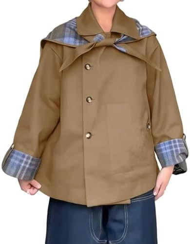 Women's Short Trench Coats Fall Notch Collar Plaid Reversible Oversized Jacket with Pockets | Amazon (US)