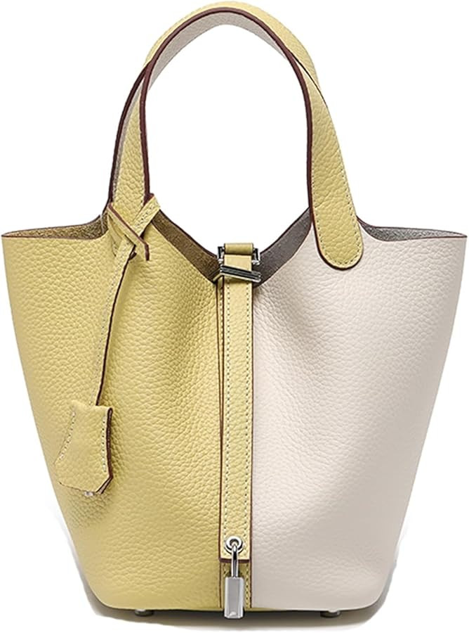 Genuine Leather Soft Bucket Bag for Women Fashion Lock Design Handbags Vegetable Basket Satchel w... | Amazon (US)