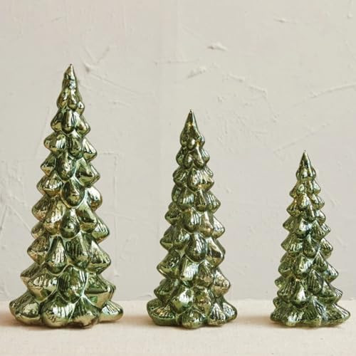One Holiday Way Set of 3 (12.25", 9.75", 7.75") LED Lighted Green Mercury Glass Christmas Trees for Tabletop - Vintage Modern Figurine Xmas Shelf Home Decor | Amazon (US)