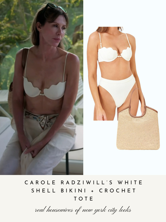 Carole Radziwill's White Shell Bikini and Crochet Tote 

 