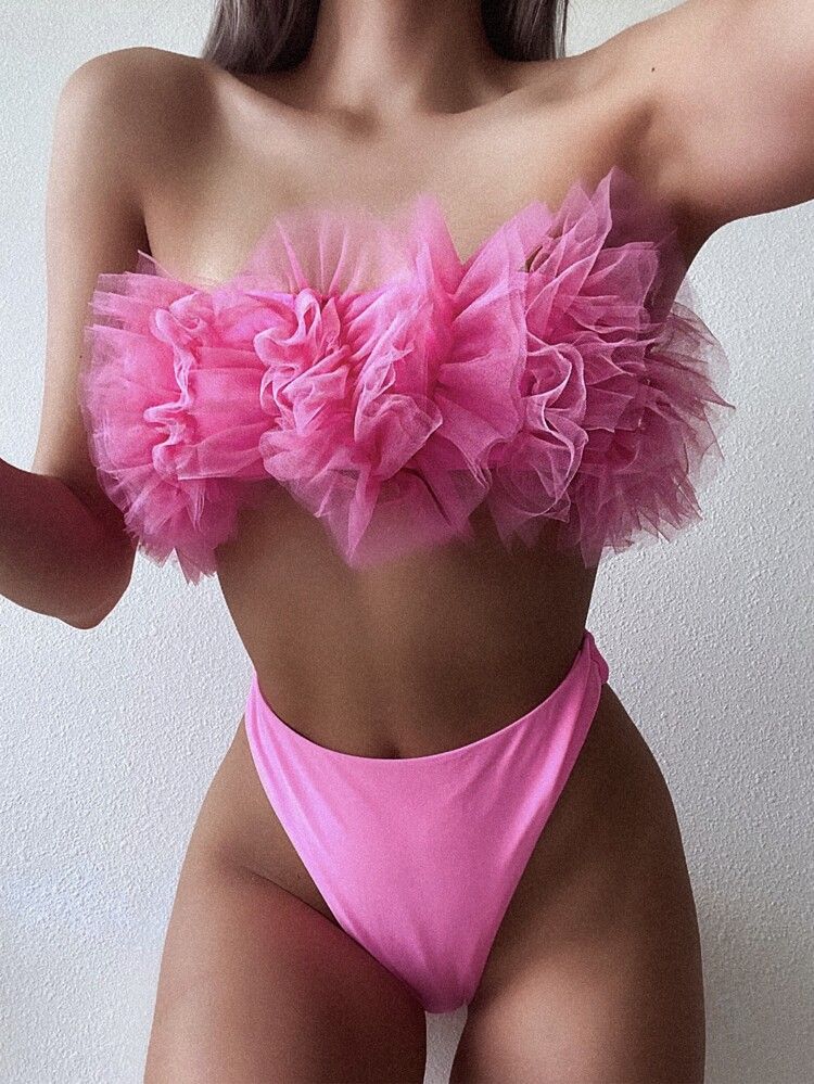 Contrast Mesh Bandeau High Cut Bikini Swimsuit | SHEIN