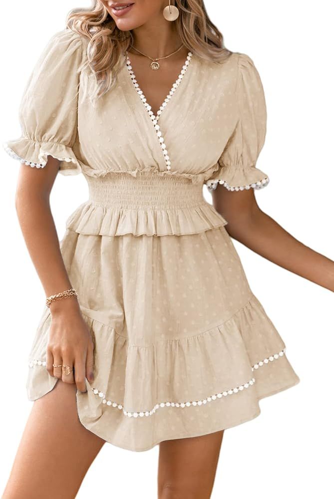 Simplee Women's Cute V Neck Smocked Swiss Dot Mini Dress Puff Sleeve Ruffle Empire Waist A Line Dres | Amazon (US)