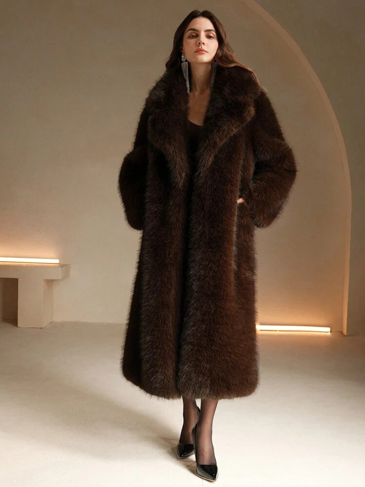 Anewsta New Autumn/Winter Fashion Faux Fox Fur Trim Long Coat, Elegant Lady Fur Collar & Cuff Fluffy Overcoat | SHEIN