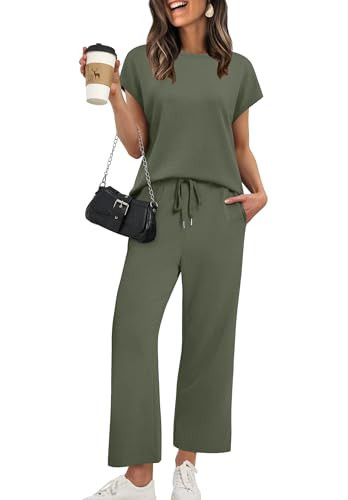 XIEERDUO Women's Two Piece Outfits 2 PC Lounge Sets Summer Travel Tracksuits Spring Airport Sweatsuits Cap Sleeve Track Suits Vacation Clothes Wide Leg Crop Pants Matching Clothing Green S | Amazon (US)