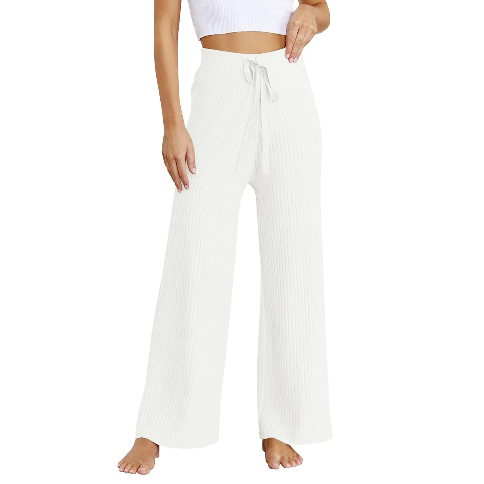 skfvkab Womens Rib Knit Wide Leg Pants Elastic Waist Casual Flowy Sweater Pants (White XL) - Walm... | Walmart (US)