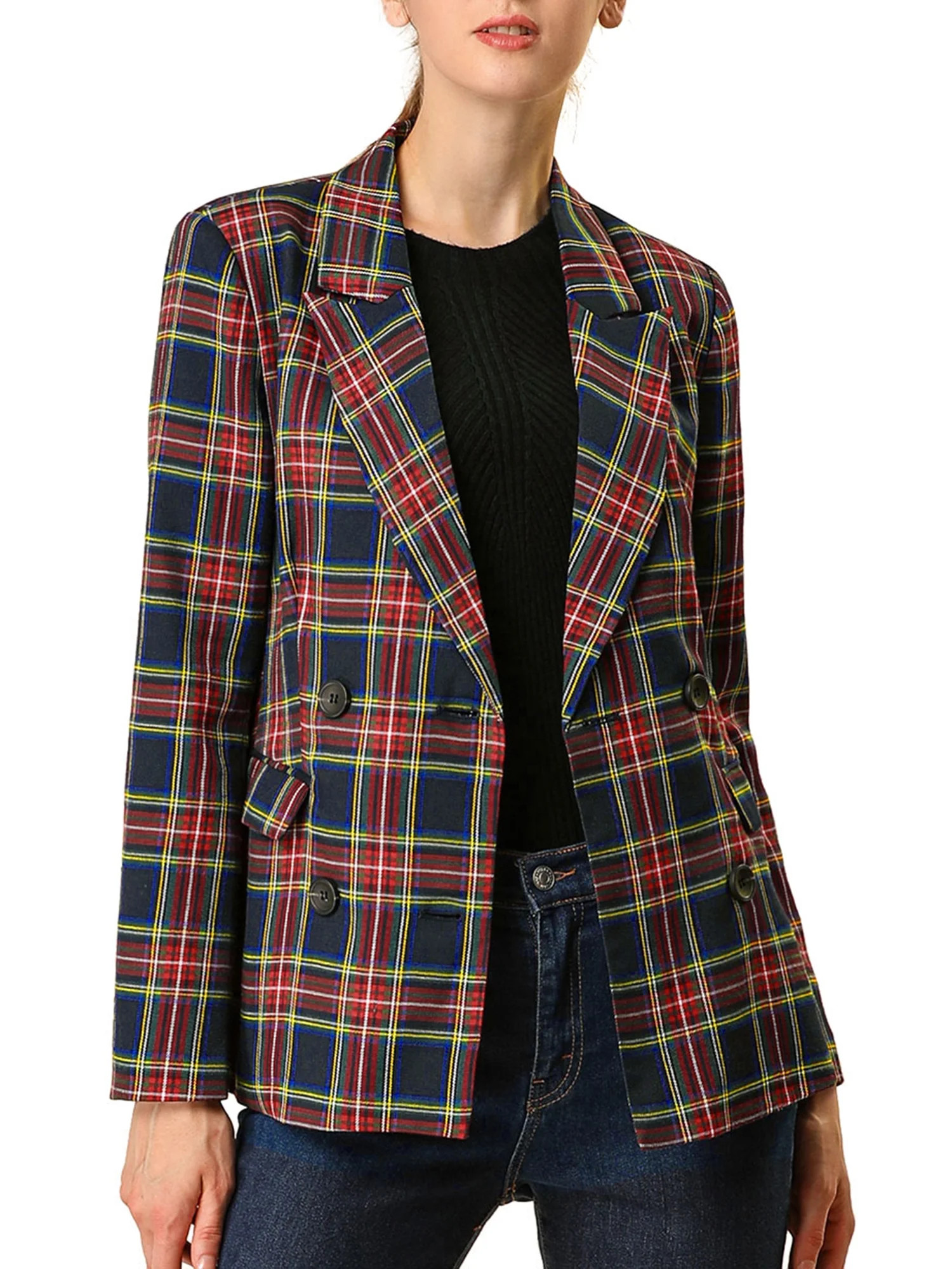 Allegra K Women's Halloween Costume Notched Lapel Double Breasted Plaid Blazer Jacket | Walmart (US)