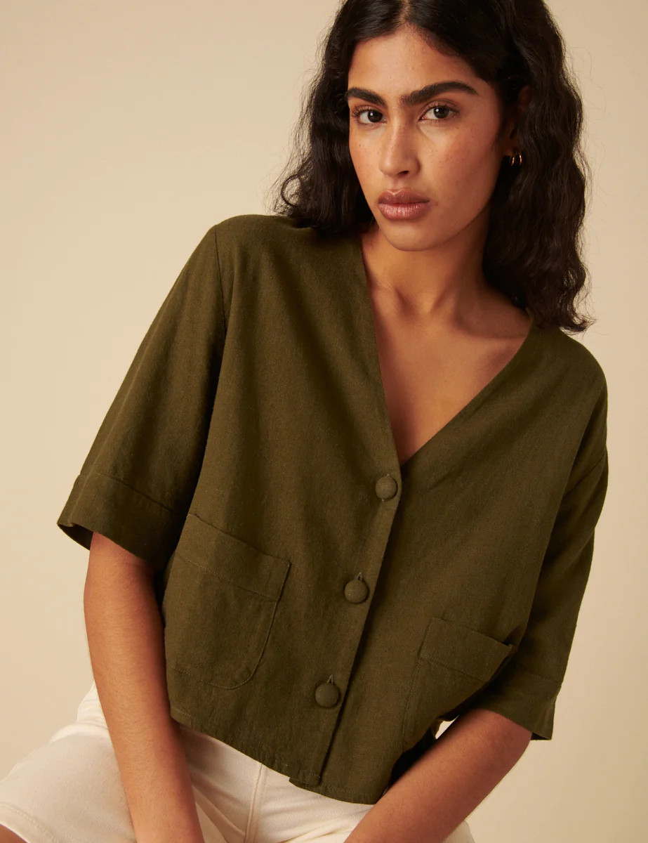 Green Linen-blend V-Neck Shirt | Nobody's Child