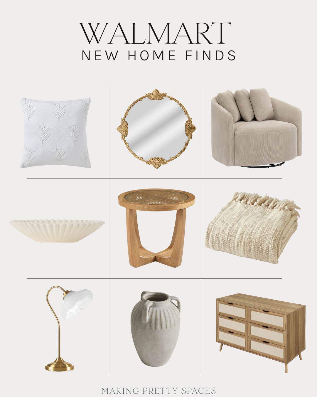 Walmart Home / Walmart Decor / Summer Decor / Vase / neutral vase / swivel chair / gold mirror / table lamp / Summer Home Finds / Walmart Home Finds / Summer Home / Neutral Home Decor / Rattan Dresser / Rattan Decor / Side Table / Blanket / Neutral Home Decor At Walmart / Rattan Furniture 

 #LTKHome #LTKFindsUnder100