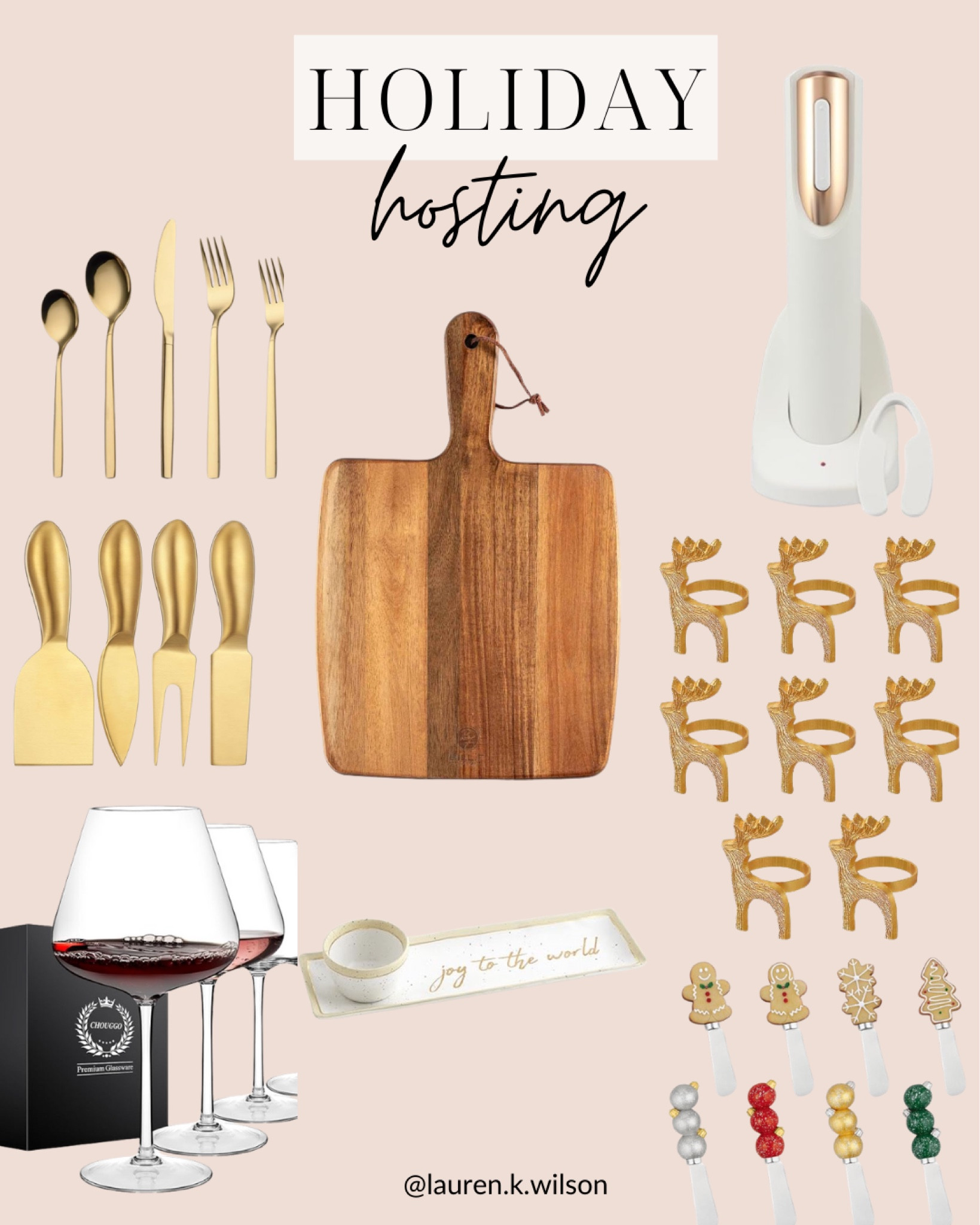 Holiday hosting, gold silverware, wine opener, charcuterie board, wine glass, napkin ring, cheese knives, tray 

#LTKhome #LTKHoliday #LTKSeasonal