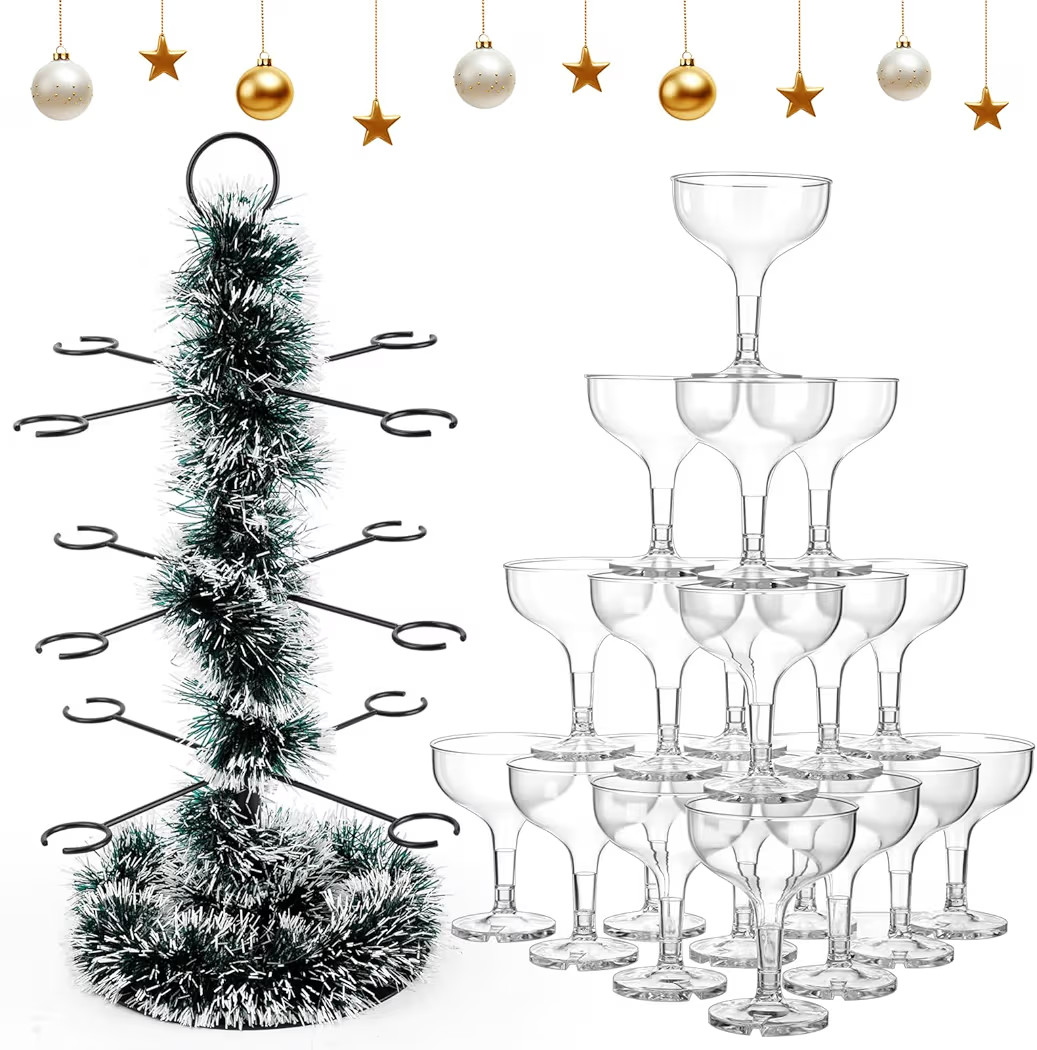 LemonRoad 32 Pcs Christmas Cocktail Tree Stand with Garland and 30 Disposable Champagne Cups, 3 T... | Amazon (US)