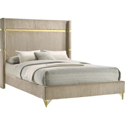 Beige Upholstered Queen Wingback Bed, Soft Fabric For Bedroom Luxury, Tall Headboard Trim, Low Rails, Hairpin - Inspired Feet Ambiance Transformation | Wayfair North America