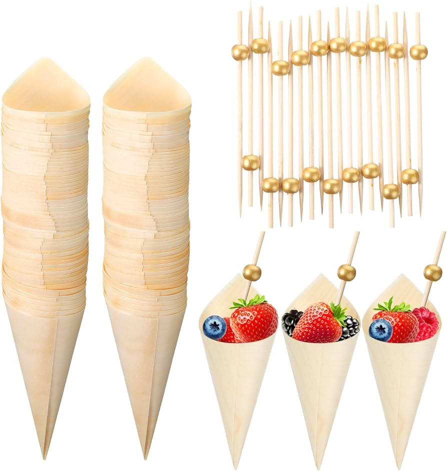 Queekay 200 Pcs Disposable Wood Charcuterie Cones 5 Inch Wooden Food Ice Cream Cone Pearl Cocktai... | Amazon (US)