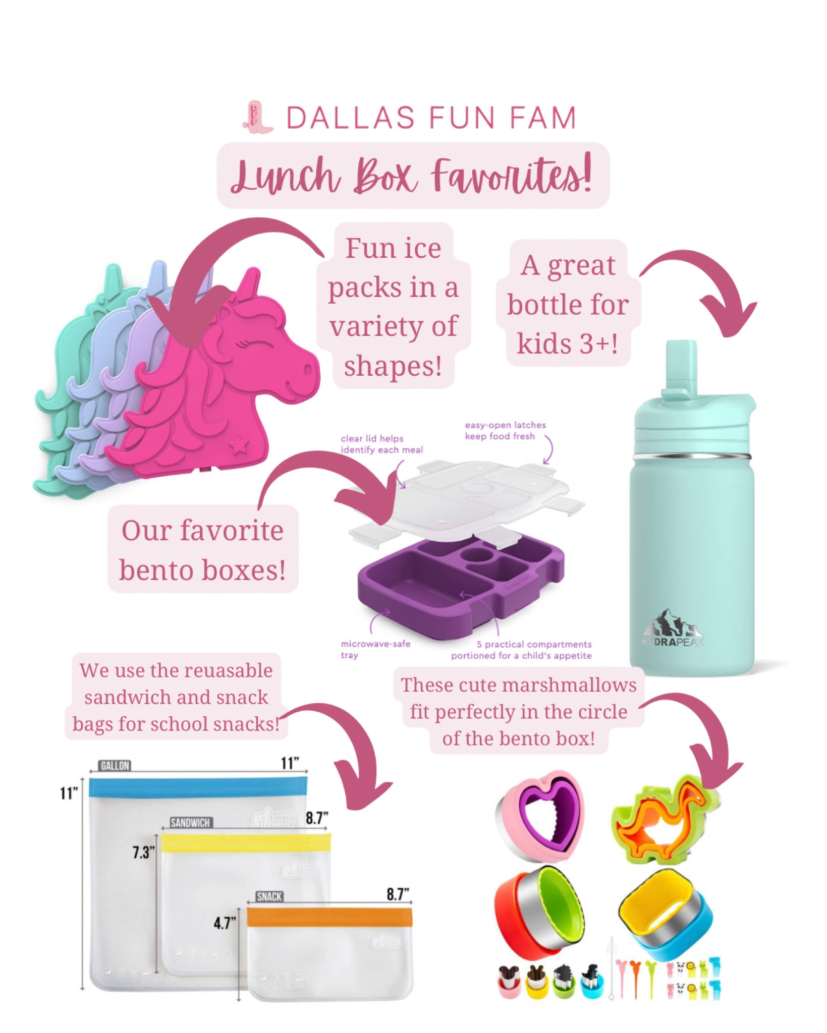 Our favorite things for packing fun and cute school lunches! 

Lunchbox finds, Amazon, unicorn and dinosaur ice packs, leak proof insulated water bottle, bentgo box, reusable earth friendly sandwich bags, sandwich and cookie cutters, daycare, Mother’s Day out, toddler food, girls and boys items, fun finds, free shipping, prime, kid friendly, mom hacks, back to school

#LTKunder50 #LTKfamily #LTKkids