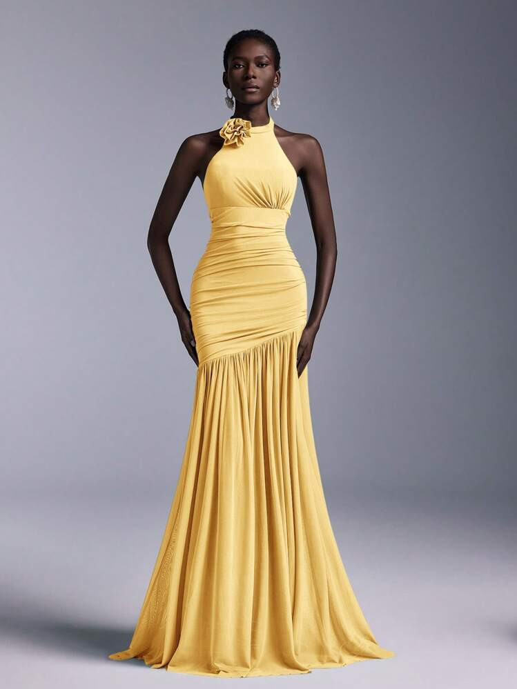 SHEIN Belle Elegant Halter Neck Floral 3D Pleated Bust Line Sheer Net Mermaid Bridesmaid Dress | SHEIN