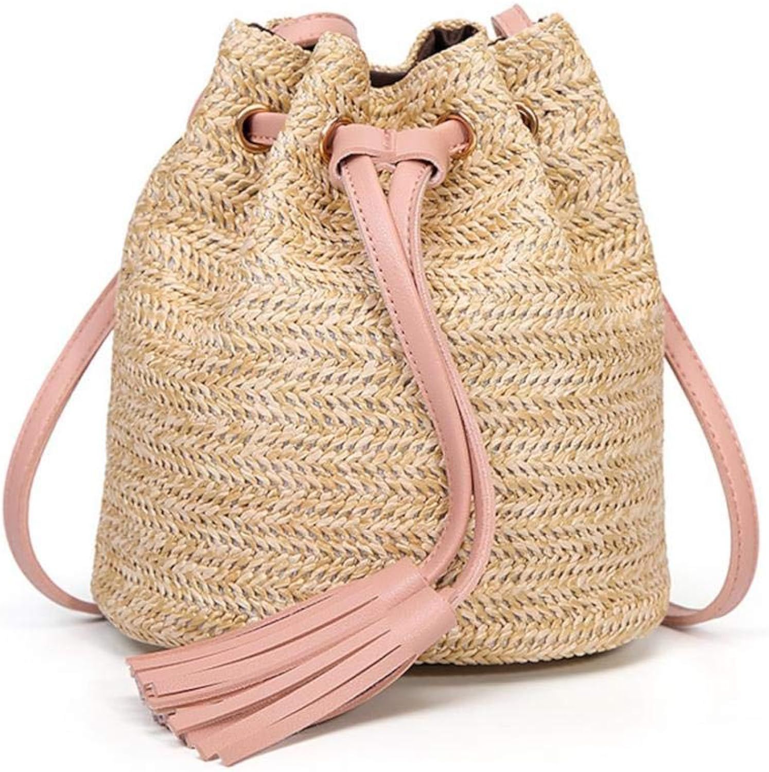 Straw Bucket Crossbody Bag - Women Handwoven Shoulder Bag Summer Beach Tote Bag (Pink) | Amazon (US)
