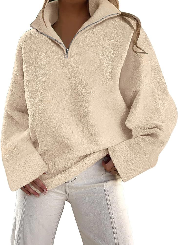 LILLUSORY Women's Half Zip Sweater 2023 Fall Oversized V Neck Fuzzy Knit Chunky Warm Pullover Sweate | Amazon (US)