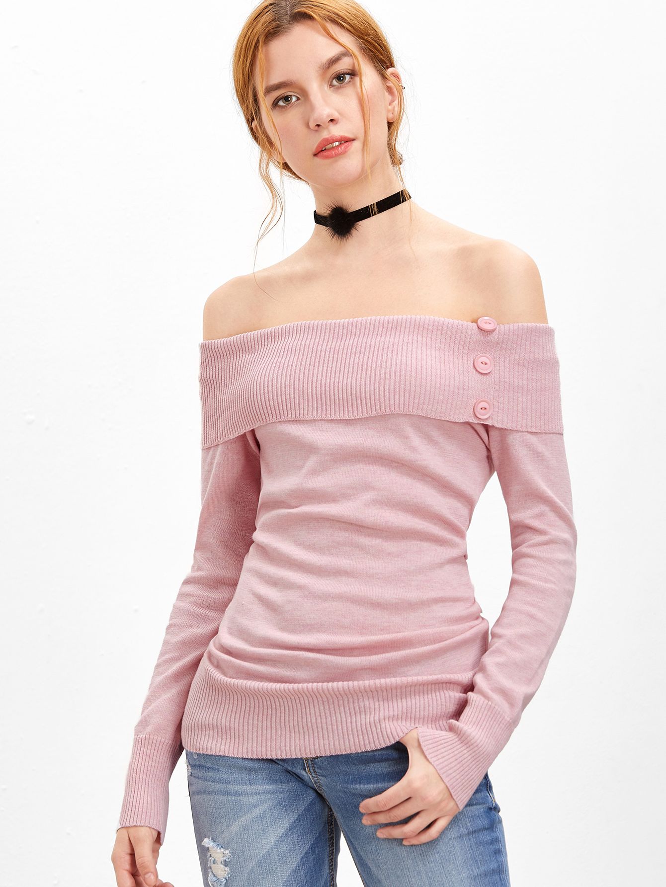 Pink Foldover Off The Shoulder Sweater | SHEIN