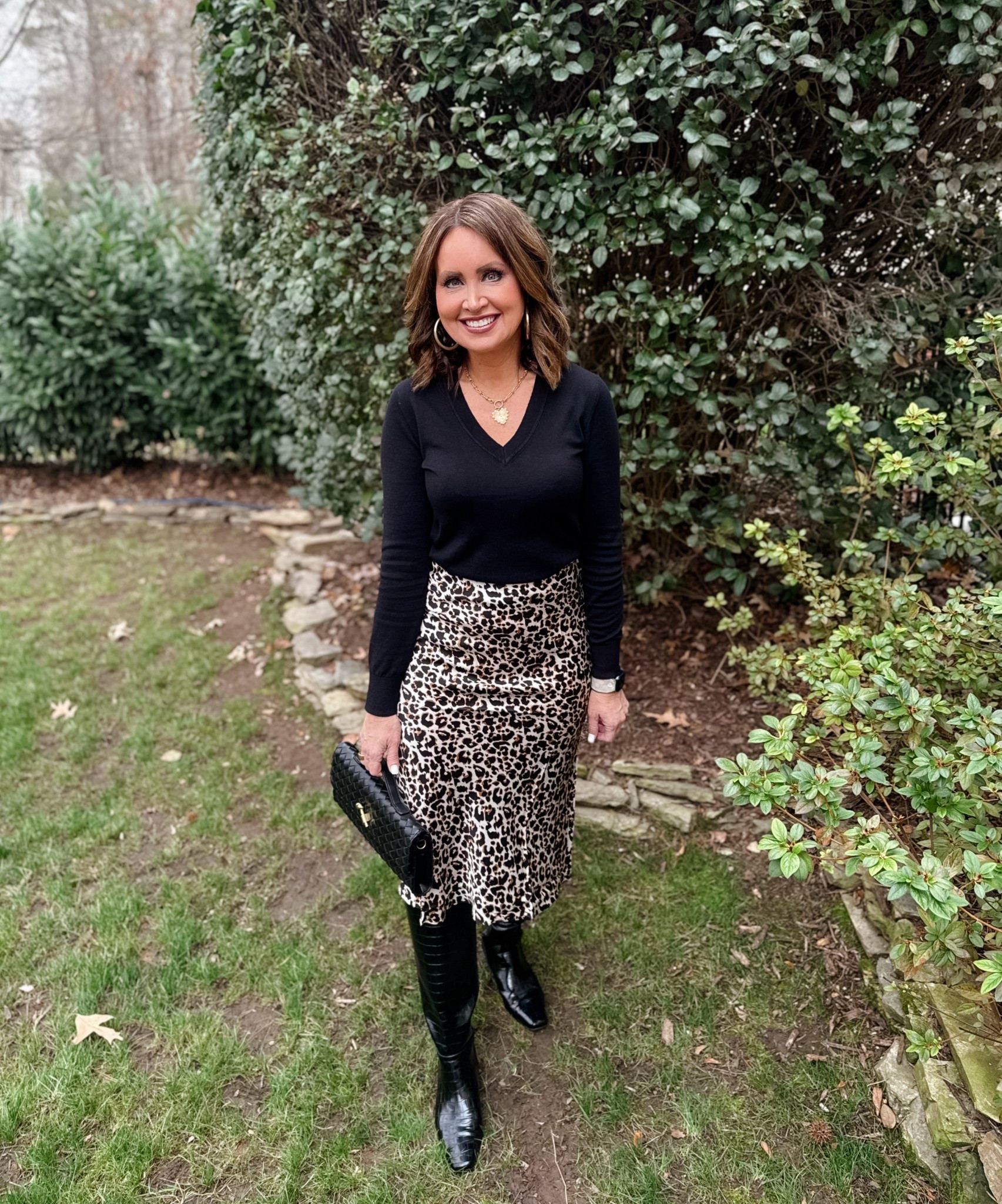 Quince cashmere blend sweater - only $29!! Runs true to size, but if in between size up 

Satin leopard print midi skirt - true to size 

Use code LAURA to save 25% on earrings and necklace 

#LTKootd #LTKOver40 #LTKWorkwear