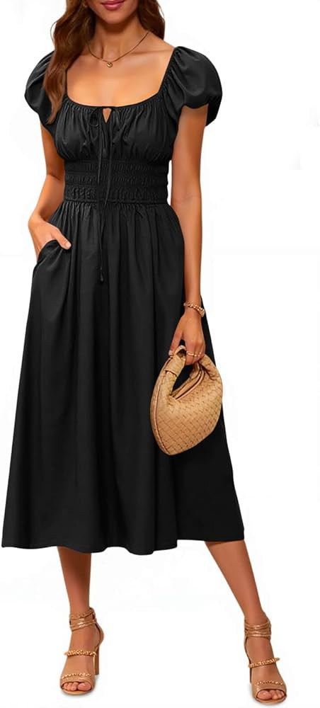 Yousify Women's Summer Dresses 2026 Short Puff Sleeve Midi Dress Casual Scoop Neck A Line Sundres... | Amazon (US)