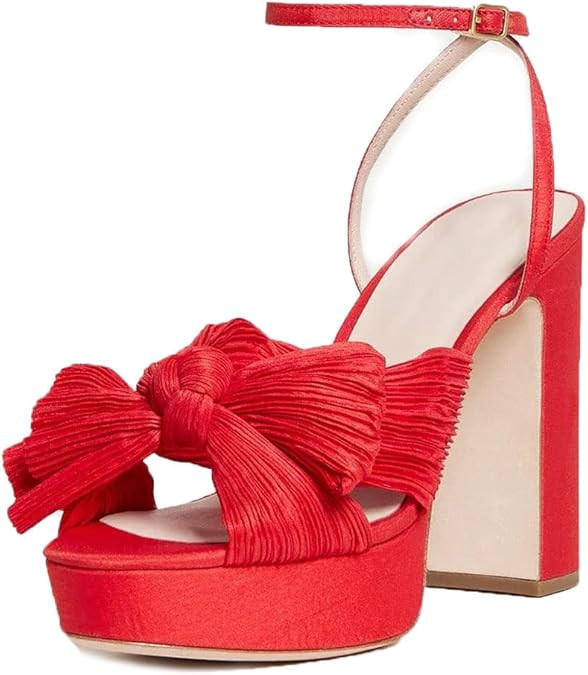 Mattiventon Chunky Platform Sandals for Women Ankle Strap Open Toe Bowknot Heeled Wedding Sandals... | Amazon (US)