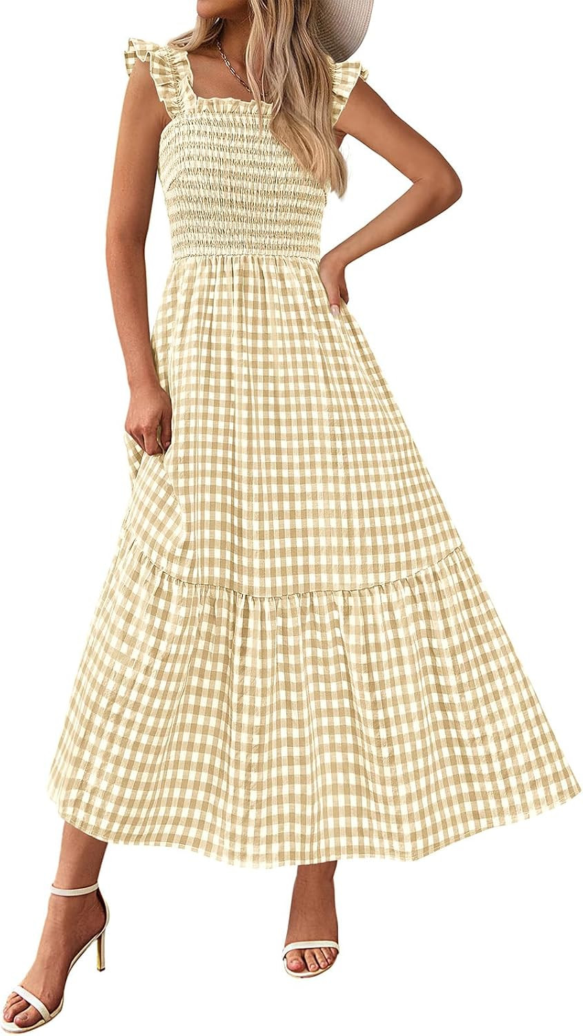 PRETTYGARDEN Women's Summer Dress Casual Ruffle Strap Gingham Midi Sundress | Amazon (US)
