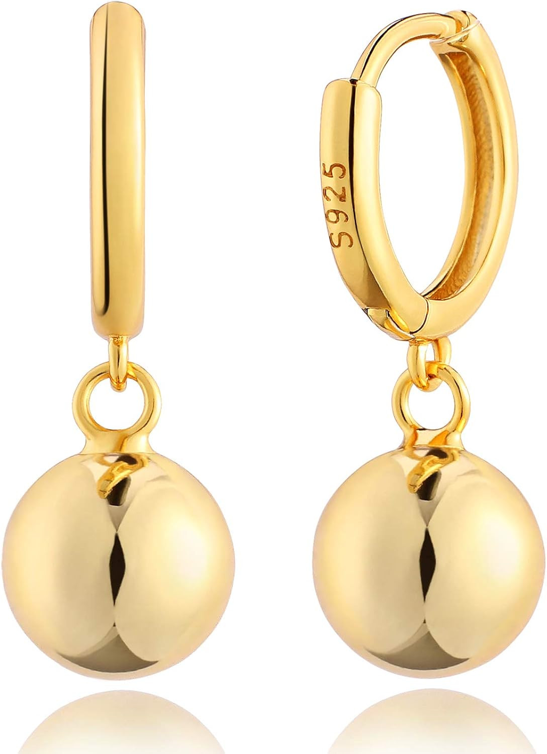 14K Gold Plated Huggie Hoop Earrings with Dainty Dangling Polished Ball Bead Charm, Drop Hanging Rou | Amazon (US)