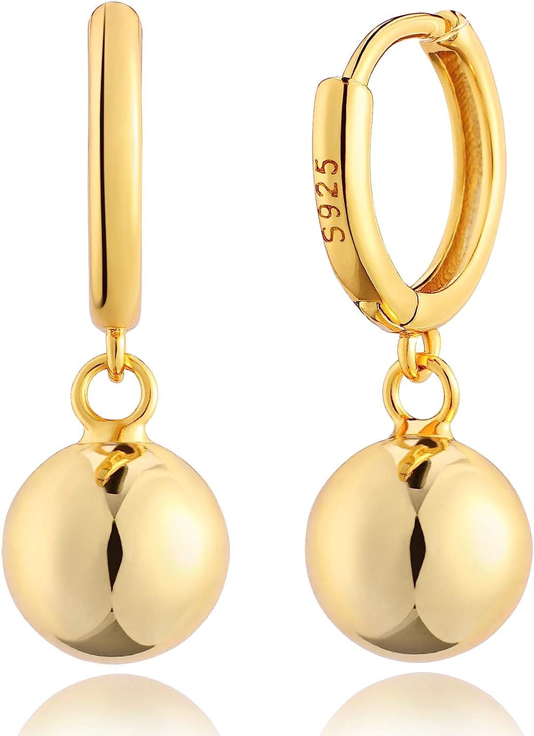 14K Gold Plated Huggie Hoop Earrings with Dainty Dangling Polished Ball Bead Charm, Drop Hanging Rou | Amazon (US)