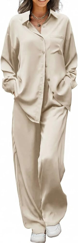 Ekouaer Womens Satin Silky Pajama Set 2 Piece Print PJs Soft Loungewear Button Down Sleepwear wit... | Amazon (US)