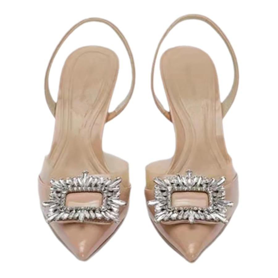 Women's Crystal Embellished Slingback Heels, Pointed Toe, Silver and Nude, Clear Strap | Amazon (US)