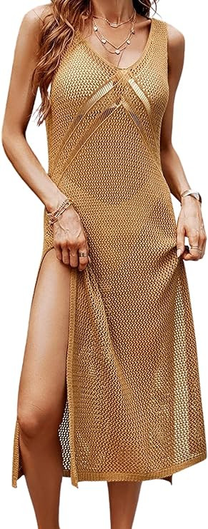 CUPSHE Women Crochet Swimsuit Cover Up Sleeveless Hollow Out Long Swim Coverup 2024 Split Mesh Be... | Amazon (US)