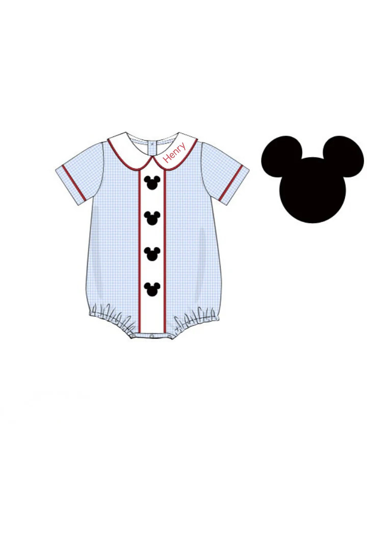 Pre-Order Embroidered Mouse Blue Gingham Bubble | The Smocked Flamingo