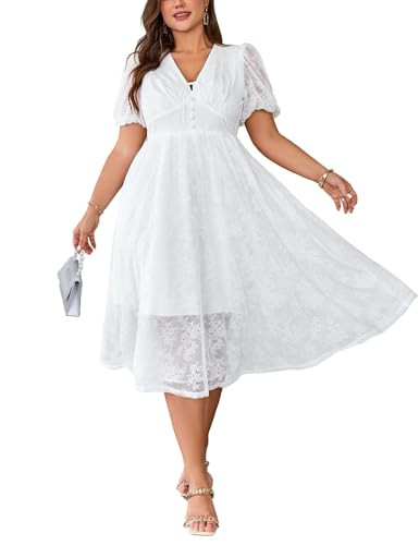 EYWOL Women's Plus Size Cocktail Dress - V Neck Short Sleeve Lace Midi Dress | Semi Formal Weddin... | Amazon (US)