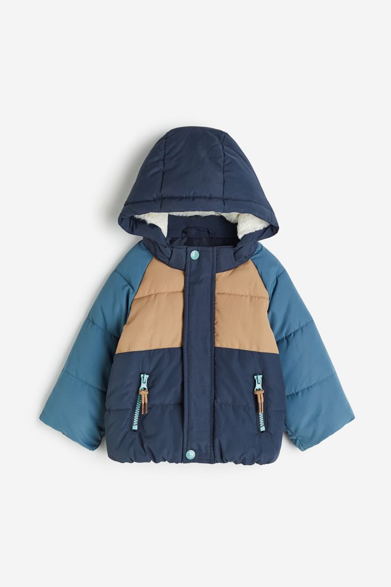 Hooded Puffer Jacket - Dark blue/color-block - Kids | H&M US | H&M (US + CA)