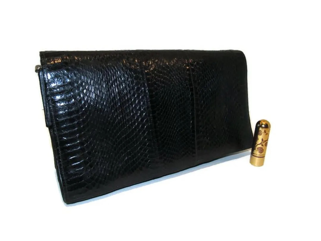Vintage 1980s Black Snakeskin Clutch Purse - Etsy | Etsy (US)