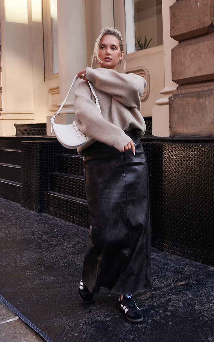 Washed Black Faux Leather Maxi Skirt | PrettyLittleThing US