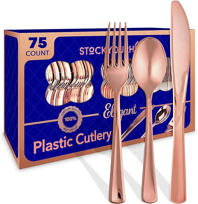 75-Pcs Heavy Duty (Rose Gold) Plastic Silverware Set, Disposable Cutlery Set, Great for Parties, ... | Amazon (US)