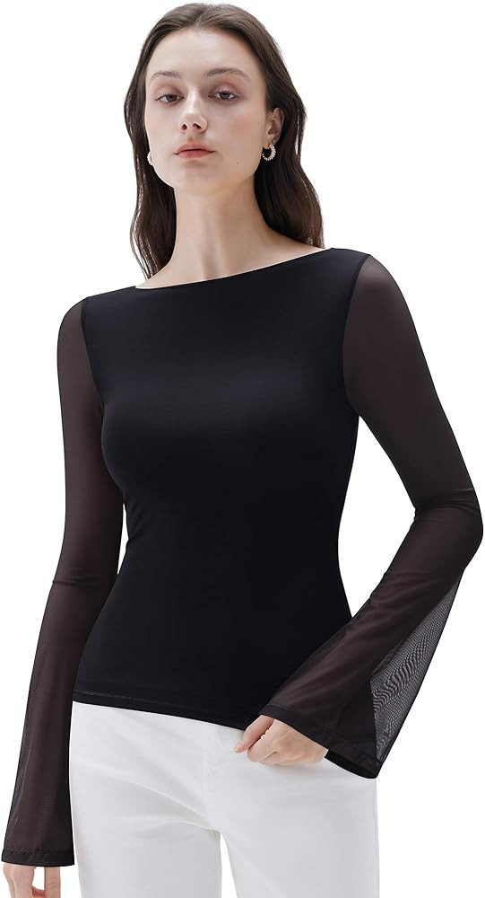 SUUKSESS Women Mesh Sheer Bell Sleeve Tops Double Lined Boat Neck Going Out Shirts | Amazon (US)