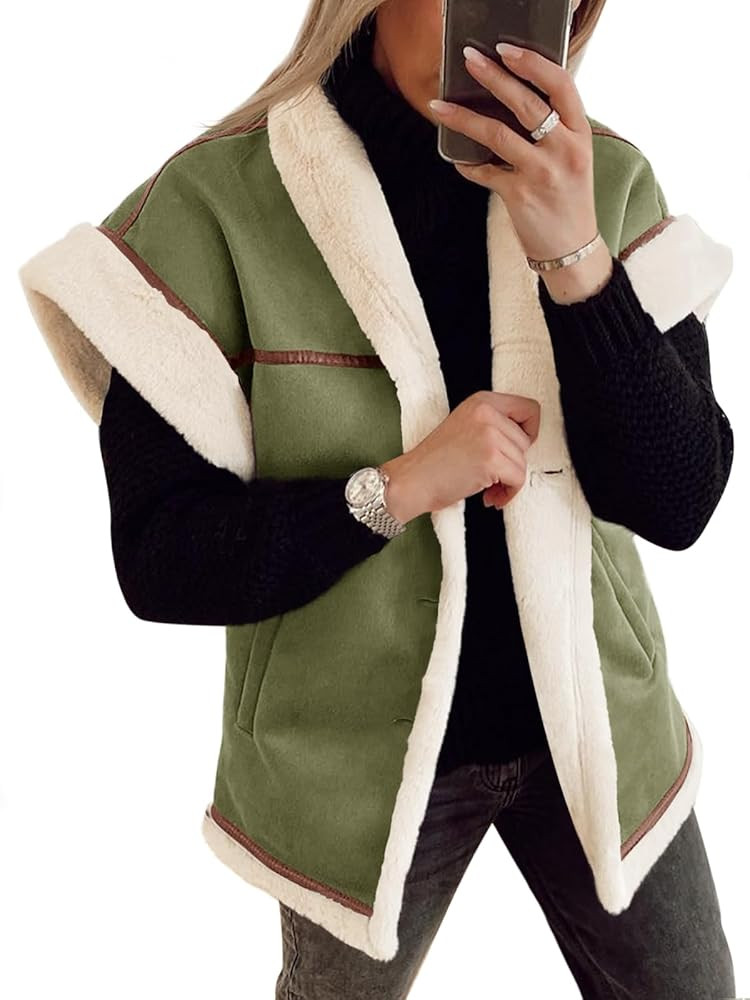 Cicy Bell Womens Suede Sherpa Vest Faux Fur Shearling Jacket Oversized Cap Sleeve Button Down Win... | Amazon (US)