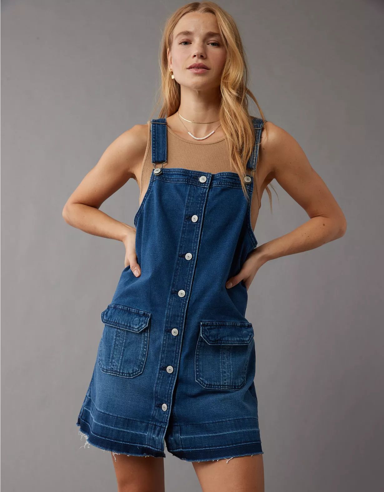 AE Denim Button-Up Pinafore Dress | American Eagle Outfitters (US & CA)