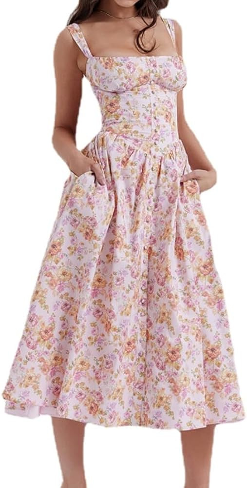 Women Summer Boho Spaghetti Straps Square Neck Midi Dress Floral Print Sleeveless Vintage Tiered ... | Amazon (US)