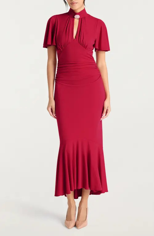 Cinq à Sept Rosita Rhinestone Brooch Detail Ruched Dress in Burgundy Plum at Nordstrom, Size 2 | Nordstrom