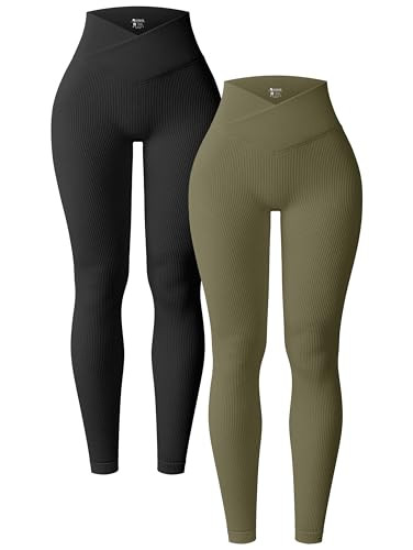 OQQ Women's 2 Piece Yoga Leggings Ribbed Seamless Workout High Waist Cross Over Athletic Exercise Leggings Black Sauerkraut | Amazon (US)