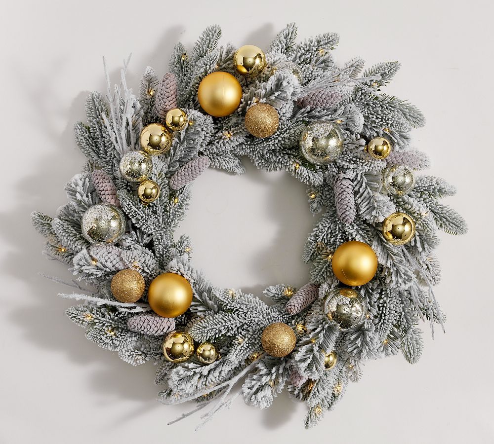 Lit Faux Frosted Pine & Ornaments Wreath & Garland | Pottery Barn (US)