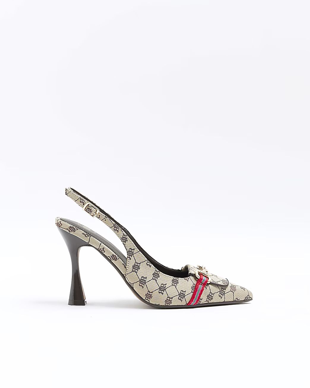 Beige RI monogram heeled sling back shoes | River Island (UK & IE)