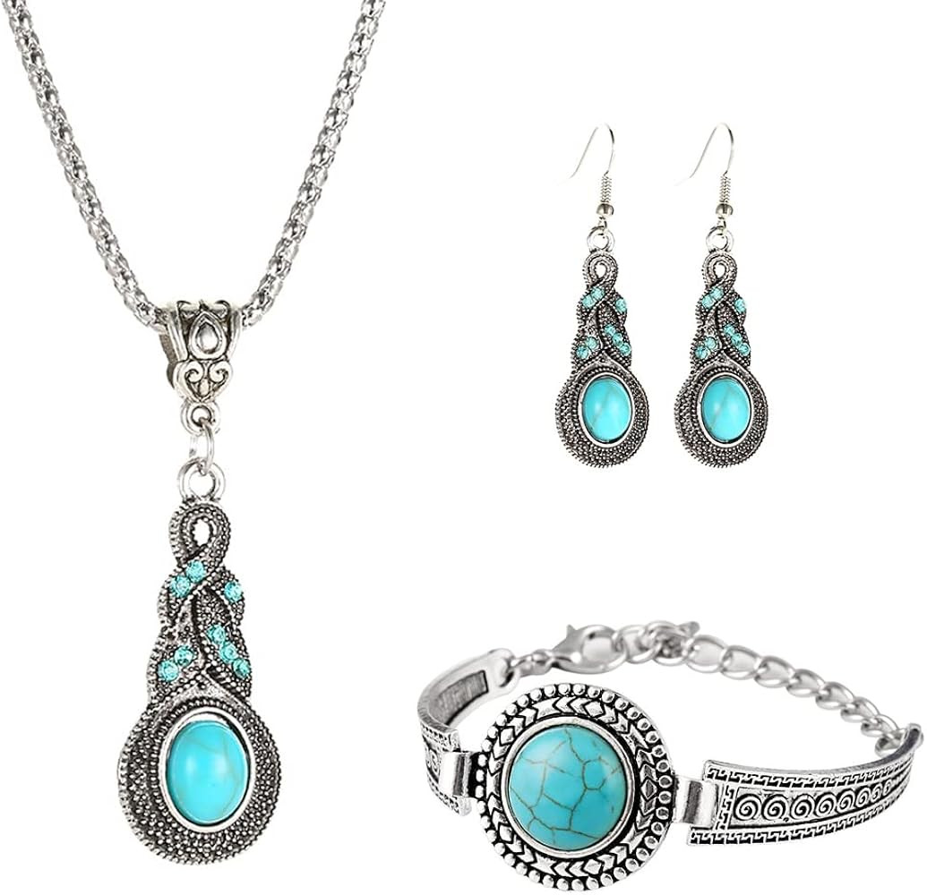 Fuqimanman2020 3pcs Ethnic Simulation Turquoise Set Butterfly Pendant Necklace Bohemian Stretchab... | Amazon (US)