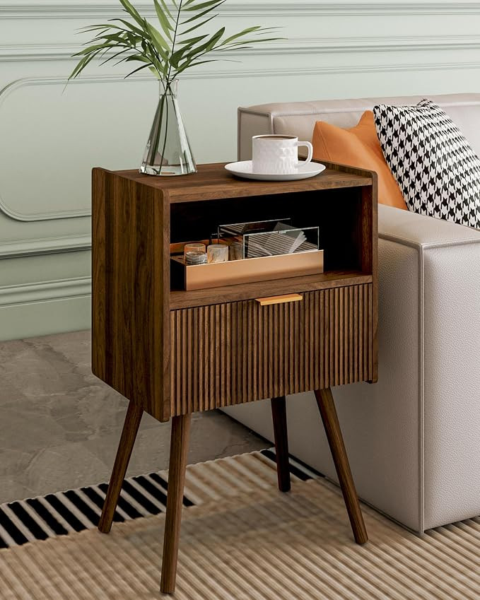 Nightstand,Modern Bedside Table with Storage Drawer and Open Wood Shelf, Accent Night Stand with ... | Amazon (US)