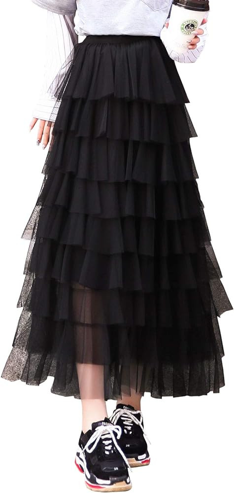 ebossy Women's Sweet Elastic Waist Tulle Layered Ruffles Mesh Long Tiered Skirt | Amazon (US)