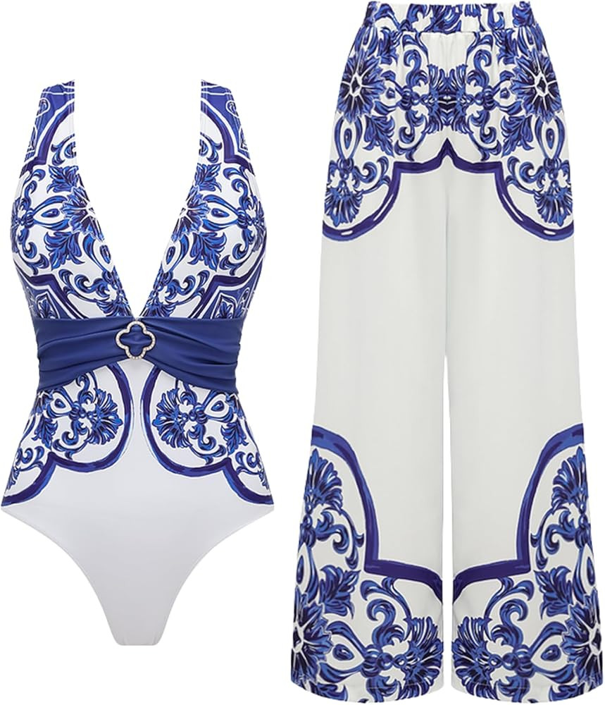 FLAXMAKER Women's One Piece V Neck Classic Majolica Series Pattern Crisscross Back One Piece Swim... | Amazon (US)