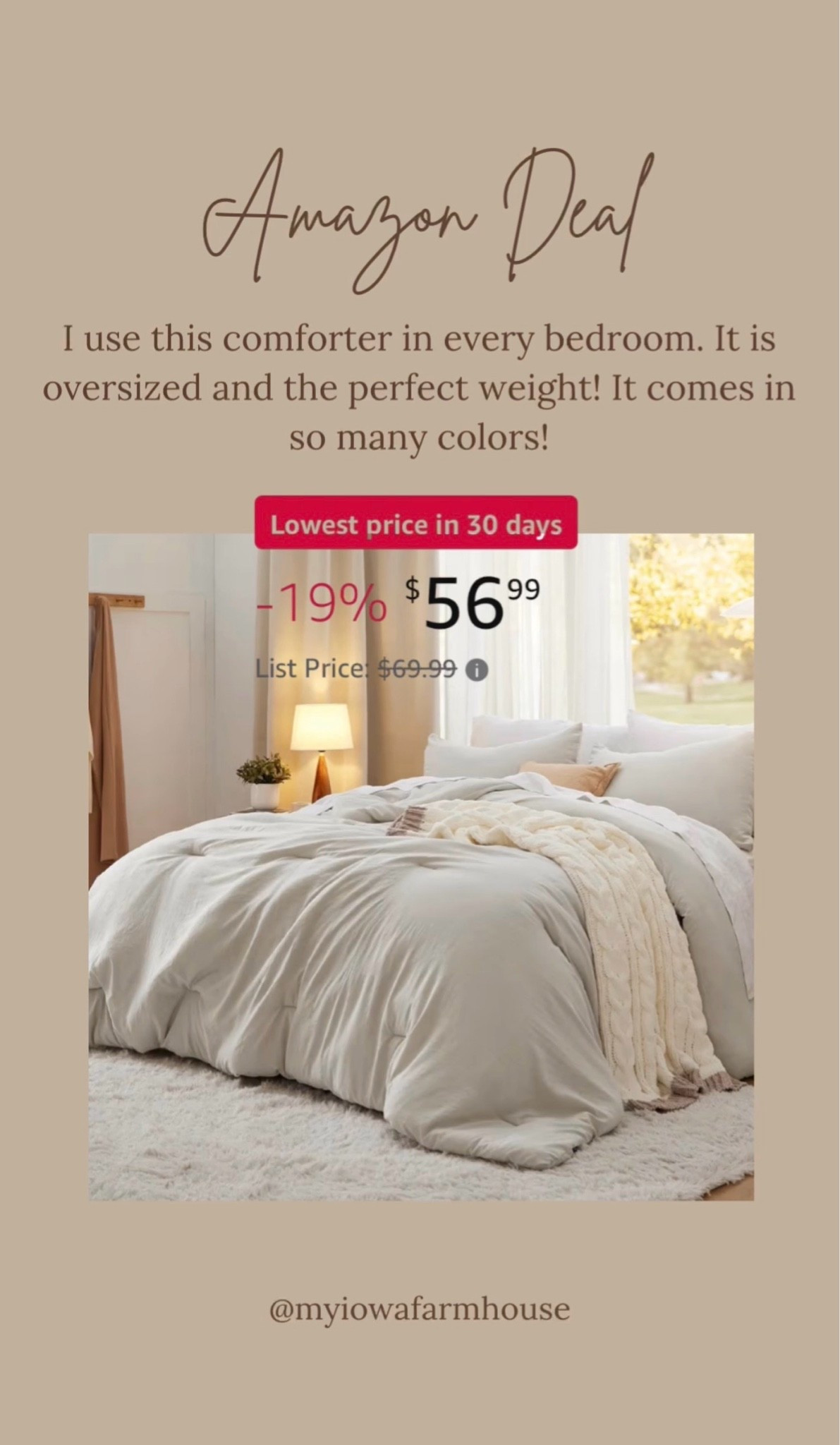 I love this comforter so much. It is a three-piece set, so it comes with pillow shams. I have bought it 7 times!!!! This one is the oversized king so it is huge. If you don’t need all the extra length, you can get the regular king and it’s only around $30. It also comes in white, darker brown, green, and so many other colors! ￼

#LTKSaleAlert #LTKHome